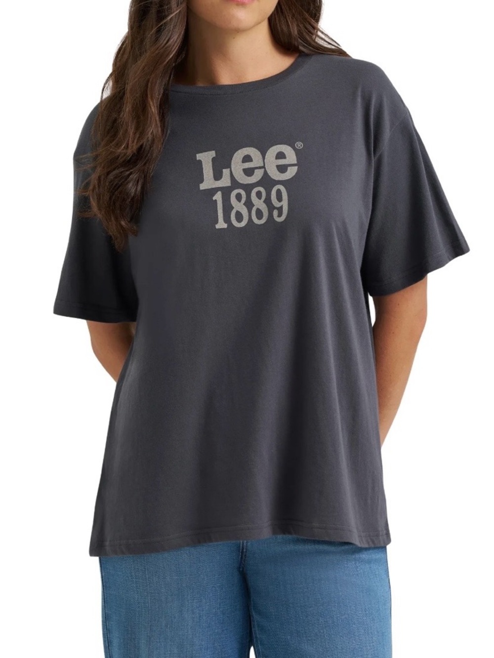 Lee 1889 Charcoal Gray Logo Tee with Cream Print